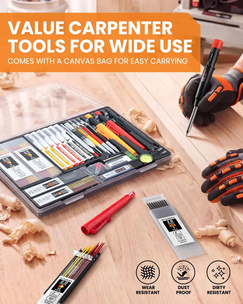 Real Deal Carpenter Marking Kit Featuring Heavy Duty Pencils With Colorful Refills Plus Mechanical Pencils in a clear case.