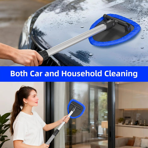 Desin windshield cleaning tool with extendable aluminum handle and blue microfiber pad for car windows and home glass.