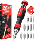 Ratcheting Screwdriver Set 26 In 1 With Double Ended CRV Bits Magnetic Demagnetizer shown with packaging and bits