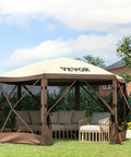 Six Sided 12x12 Pop Up Canopy Shelter With Mesh Windows in Backyard with Furniture, Easy Setup, Brown Beige