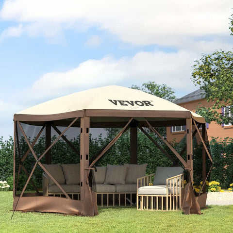 Six Sided 12x12 Pop Up Canopy Shelter With Mesh Windows in Backyard with Furniture, Easy Setup, Brown Beige