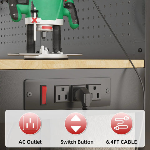 Power outlet and tool on 60 Inch Heavy Duty Garage Workbench With Pro Grade Tool Organizer System, 2000 Lbs Capacity.