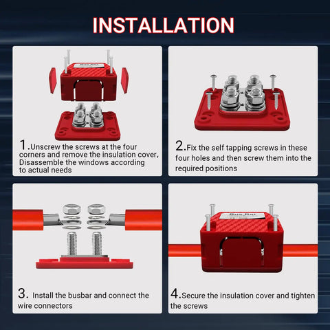 Installation steps for Heavy Duty 450A DC Bus Bar With 4 X M10 Stud Posts, showing connections and screws.