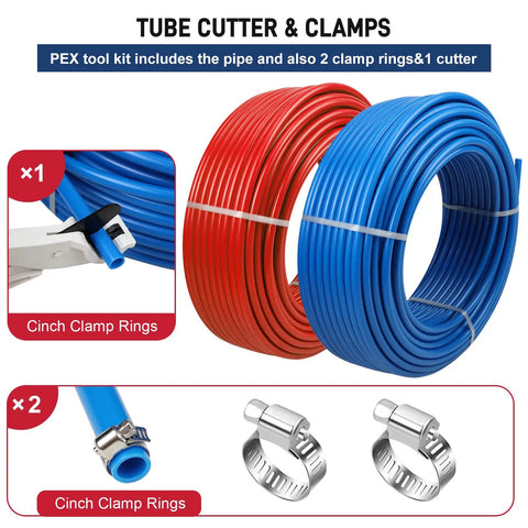 Half Inch Pex Tubing 100 Ft Two Rolls With EVOH Non Oxygen Barrier Durable Leak Proof Flexible Pex B Pipe For Residential Water Lines And Radiant Heating Red And Blue with clamps and cutter