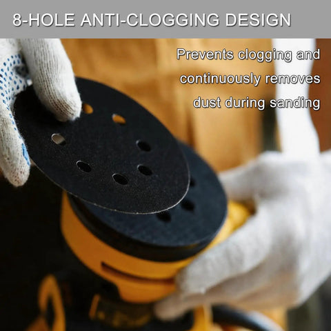 Close-up of 100 Pcs 5 Inch Sanding Discs Hook And Loop With 8 Holes Wet Dry Sandpaper on orbital sander in use
