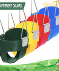 Kid Friendly Toddler Swing Seat With Coated Chains And Heavy Duty High Back Bucket For Outdoor Backyard Play Includes Tree Straps And Hooks For Swing Sets in four colors: green, yellow, red, and blue.