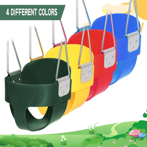 Kid Friendly Toddler Swing Seat With Coated Chains And Heavy Duty High Back Bucket For Outdoor Backyard Play Includes Tree Straps And Hooks For Swing Sets in four colors: green, yellow, red, and blue.