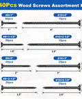 240Pcs Deck Screws Set For Woodworking showing assorted sizes from 1 inch to 4 inches, rust resistant, black finish Torx drive.