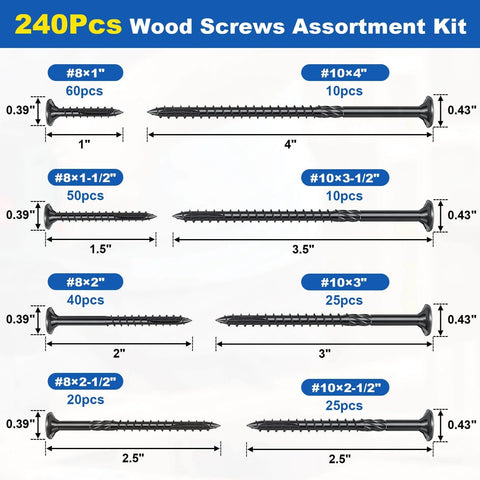 240Pcs Deck Screws Set For Woodworking showing assorted sizes from 1 inch to 4 inches, rust resistant, black finish Torx drive.
