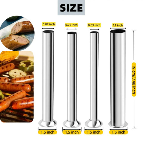 4-Pack Universal Sausage Stuffer Tubes With Four Diameters For LEM 606 Series Stuffers, stainless steel tubes and grilling sausages