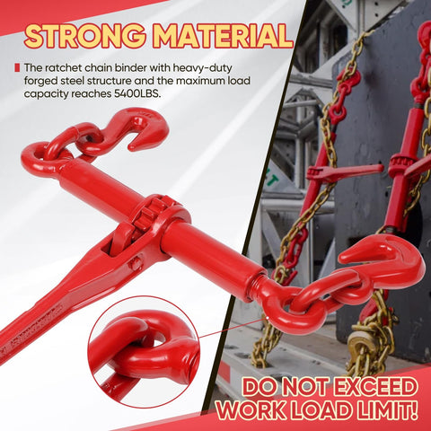 Two Pack Five Sixteenths To Three Eighths Inch Ratchet Load Binders With Five Thousand Four Hundred Pounds Working Load Limit For Secure Hauling And Towing Heavy Duty Tie Down Binders Compatible With G70 And G80 Chains showing strong material detail