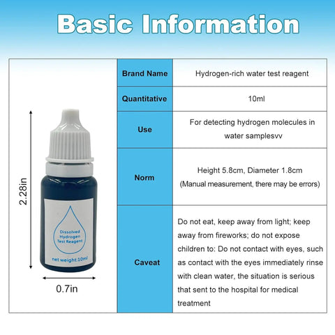 Dissolved Hydrogen Water Tester Kit With Blue Drops Reagent 10ml bottle showing size measurements and usage details.