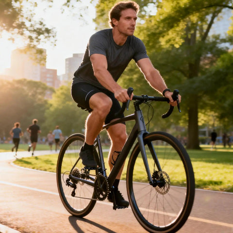 Cyclist riding on a park trail at sunset