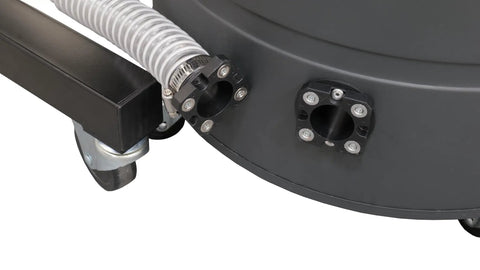 Top Shelf Cyclone Dust Collector With 1 5HP Motor And 110V Power Featuring Thermal Overload Protection Non Sparking Aluminum Impeller Quick Release Lid And Slick Magnetic Connectors For Beast Mode Shop Cleanup close-up of connection ports and hose attachment on dust collector.