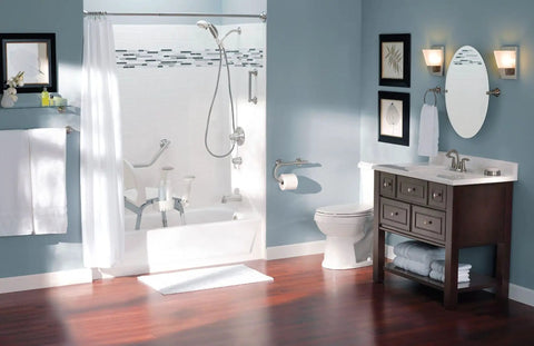 Modern bathroom with 24 Inch Bathroom Grab Bar With Towel Bar In Brushed Nickel Built To Last Heavy Duty Safety Rail visible by bathtub.