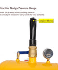 Close-up of pressure gauge and handle on 5 Gallon Air Tire Bead Seater Blaster Tool With Gauge 145 PSI for cars and trucks.