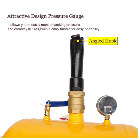 Close-up of pressure gauge and handle on 5 Gallon Air Tire Bead Seater Blaster Tool With Gauge 145 PSI for cars and trucks.