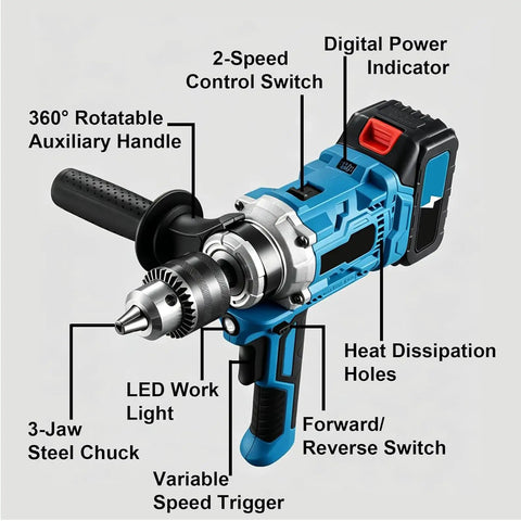 Cordless Drill And Cement Mixer With Two Speed Control And Rotatable Grip, showing features like variable speed trigger and LED light.