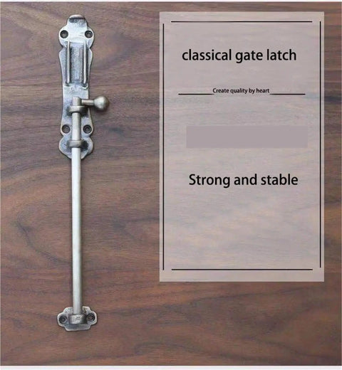 Rugged Solid Brass Slide Bolt Gate Latch With Bulletproof Flip Mechanism For Knockout Garden Door Security Pro Grade Exterior Hardware Kit With Fasteners mounted on wood.