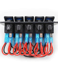 Rear view of waterproof 5 gang rocker switch panel with aluminum body for 12V to 24V boats cars RVs and trucks includes dual USB socket volt meter and bright blue LED indicator beefed up marine grade construction easy DIY install showcasing pre-wired connections with red and blue wires