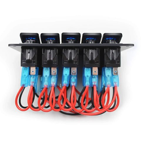 Rear view of waterproof 5 gang rocker switch panel with aluminum body for 12V to 24V boats cars RVs and trucks includes dual USB socket volt meter and bright blue LED indicator beefed up marine grade construction easy DIY install showcasing pre-wired connections with red and blue wires