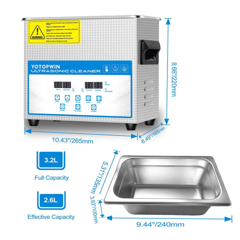 No Sweat Industrial Grade Heated Ultrasonic Cleaner System With Digital Touch Timer And Gentle Warm Vibration For Jewelry Carburetors And Auto Repair Gear 32 Liter Tank with dimensions and digital controls.