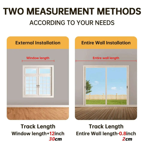 Measurement guide for installing Heavy Duty Wall Mounted Double Sliding Barn Door Hardware Kit with window and wall dimensions.