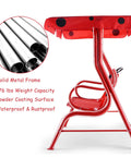 Red Two Seat Porch Swing With Adjustable Canopy And Stand, Kid Friendly Outdoor Swing with Metal Frame, side view highlighting features.