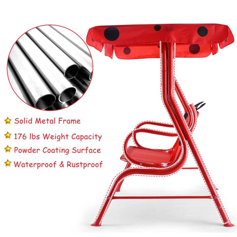 Red Two Seat Porch Swing With Adjustable Canopy And Stand, Kid Friendly Outdoor Swing with Metal Frame, side view highlighting features.