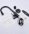 COXOVAY Pull Down Kitchen Faucet with Glass Rinser Single Handle featuring detailed parts, instruction manual, and assembly components in black.