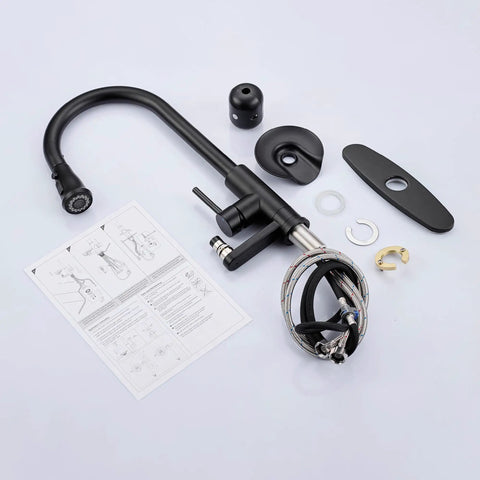 COXOVAY Pull Down Kitchen Faucet with Glass Rinser Single Handle featuring detailed parts, instruction manual, and assembly components in black.