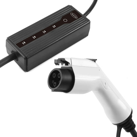 Level 1 And Level 2 Portable EV Charger, 16 Amp, 90-260V, 3.5KW, 16 Ft Cable With NEMA 5-15 Plug, connectors shown