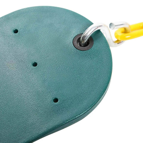 Close-up of EVA seat with plastic-coated chain, part of the 2 Pack Heavy Duty Kids Swing Seat Set With 66 Inch Chain Plastic Coated For Outdoor Playground Replacement Includes Safety Snap Hooks And EVA Seats That Supports Up To 250 Lbs Backyard Ready.