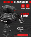 Beefy Synthetic Winch Rope Cable Kit Heavy Duty Three Eighths Inch Hundred Feet 26,500 Pound Winch Line Replacement with dimensions