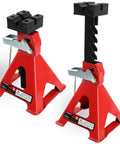 Beefed Up 3 Ton Jack Stands With Adjustable Height 11.02 To 16.93 Inches, Cross Slotted Frame Rail, Rubber Pad Protector, Double Pin Locking, Built Tough For Trucks, Home Garage And Lifting Projects displayed side by side, showing red steel construction and adjustable height mechanism.