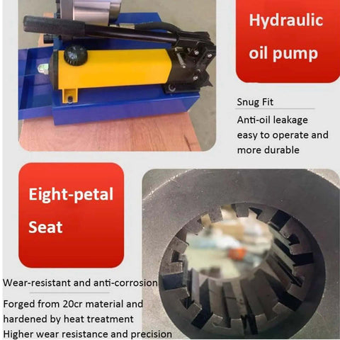 Portable Hydraulic Hose Crimping Tool Kit With 8 Die Sets showing hydraulic oil pump and eight-petal die seat detail.