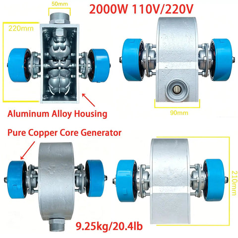 2000W Portable Hydroelectric Power Generator With 110V To 220V Output Aluminum Alloy Water Turbine, dimensions labeled