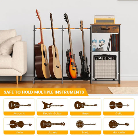 Floor Guitar Stand With 4 Holders And 3 Tiers, Go To Multi Guitar Rack For Electric Bass And Acoustic Guitars, Includes Amp Stand