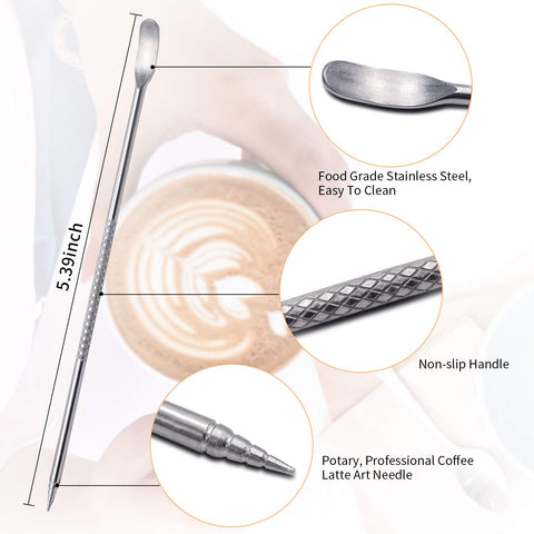 Image showing latte art pen highlights, including food grade stainless steel, non-slip handle, and latte art needle over a coffee cup.