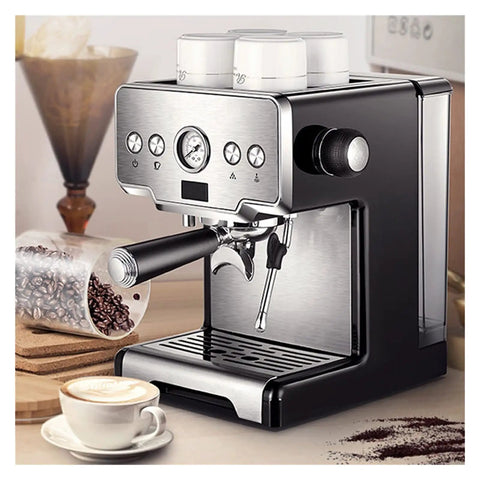 Home 15 Bar Espresso Machine With Semi Automatic Pump CRM3605 Milk Frother, compact design, shown with coffee and accessories.