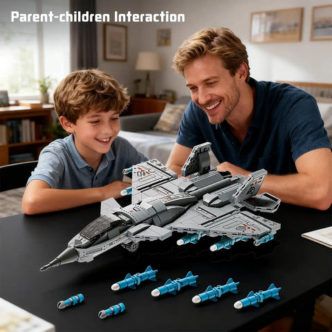 Father and son assembling Fighter Jet Building Set For Boys Ages 8 To 14 With Foldable Wings Realistic Cockpit Airplane Model Kit