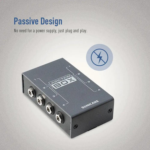 Junction Box for Guitar and Bass Pedals, TRS Stereo Four-Channel Organizer with passive design, angled view