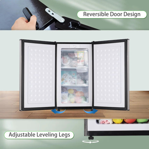 Effortless 3.6 Cu Ft Upright Freezer Glossy Silver with reversible door and adjustable leveling legs for compact storage.
