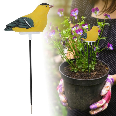 Bird Shaped Soil Moisture Sensor With Long Probe Hygrometer For Indoor And Outdoor Plants Garden Lawn Water Monitor Battery Included Yellow Indicator Light shown in use in a potted plant.