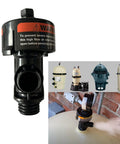 Front view of black plastic high-flow air relief valve for pool and spa filter; threaded inlet/outlet and warning label.