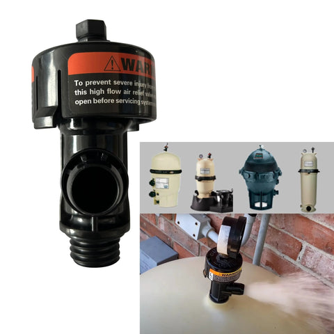 Front view of black plastic high-flow air relief valve for pool and spa filter; threaded inlet/outlet and warning label.