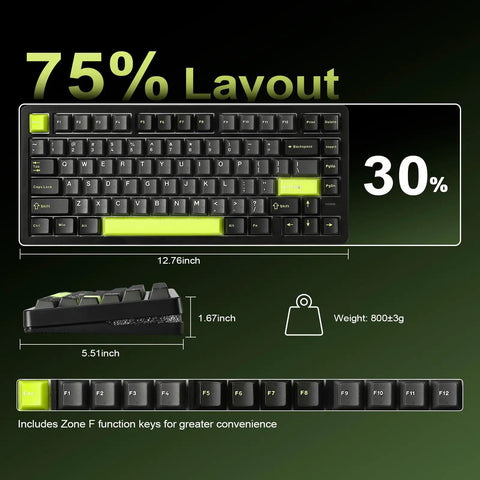 Certified Badass Hall Effect Magnetic Gaming Keyboard Featuring Rapid Trigger Mode And 8KHz Polling Rate With Hot Swappable Keys And Custom Actuation For Ranked Climbers In Black with 75% layout, dimensions 12.76x5.51 inches.