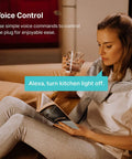 Woman using Smart Plug Mini 15A 4-Pack For Home Automation with Alexa, reading a book and drinking water in living room