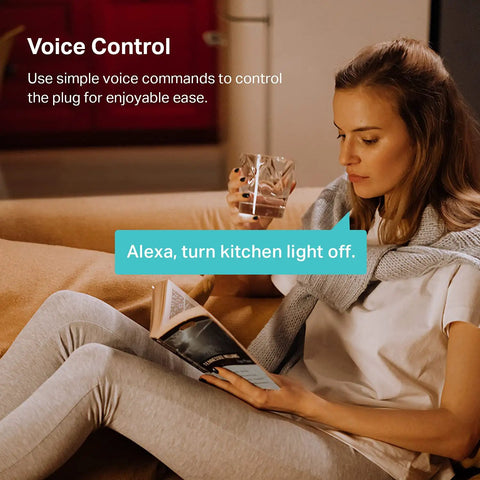 Woman using Smart Plug Mini 15A 4-Pack For Home Automation with Alexa, reading a book and drinking water in living room