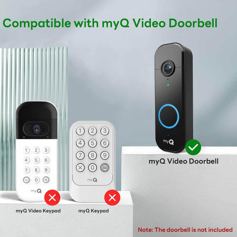 Anti Theft Doorbell Camera Mount For MyQ Video Doorbell With Anti Block Motion Sensor, Adjustable Bracket For Homes Apartments Offices Rentals Black For Easy Install shown compatible next to two non-compatible keypads.